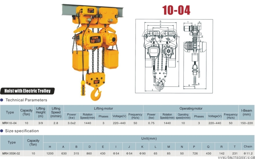 10噸運行式環鏈電動葫蘆帶運行小車技術參數